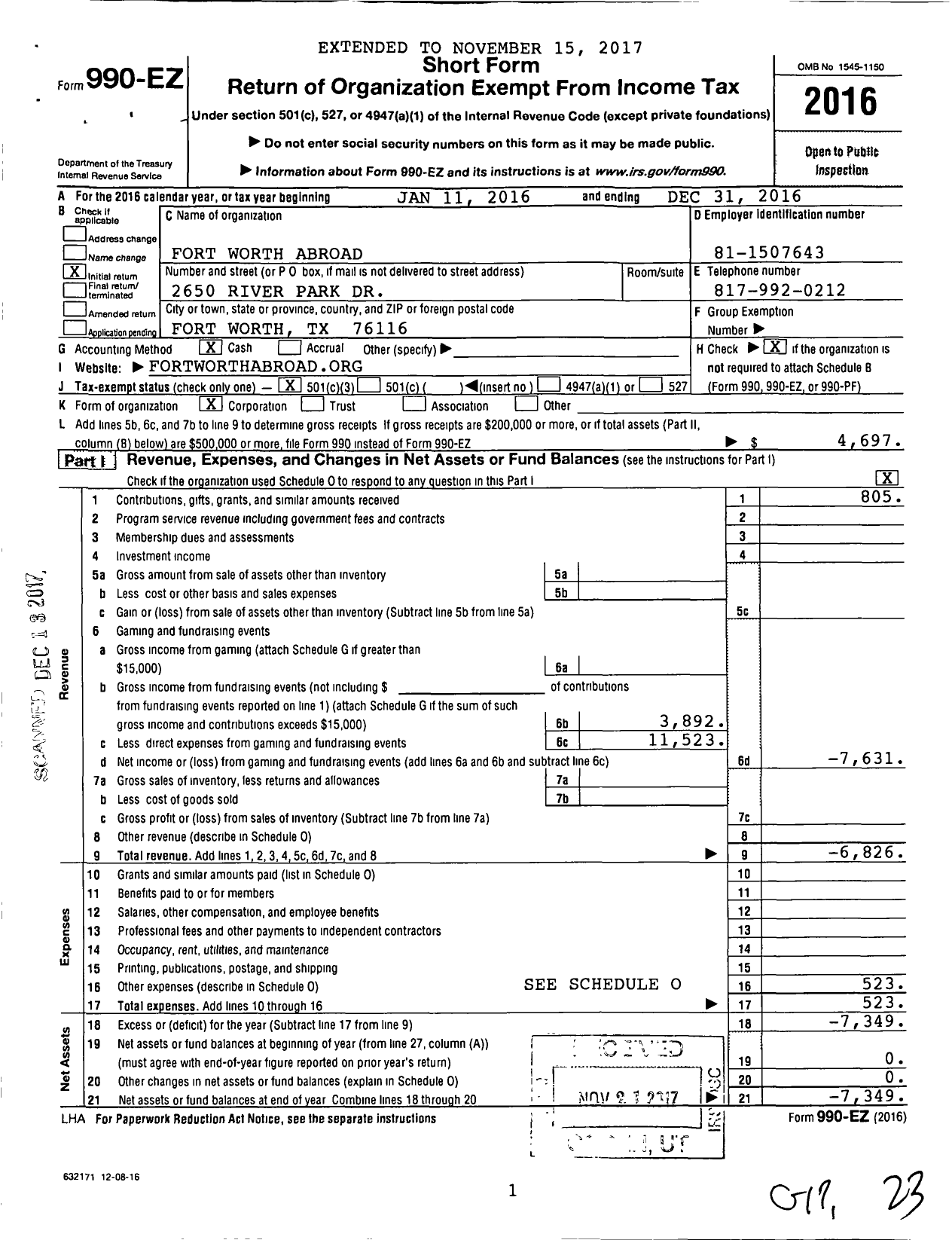 Image of first page of 2016 Form 990EZ for Fort Worth Abroad