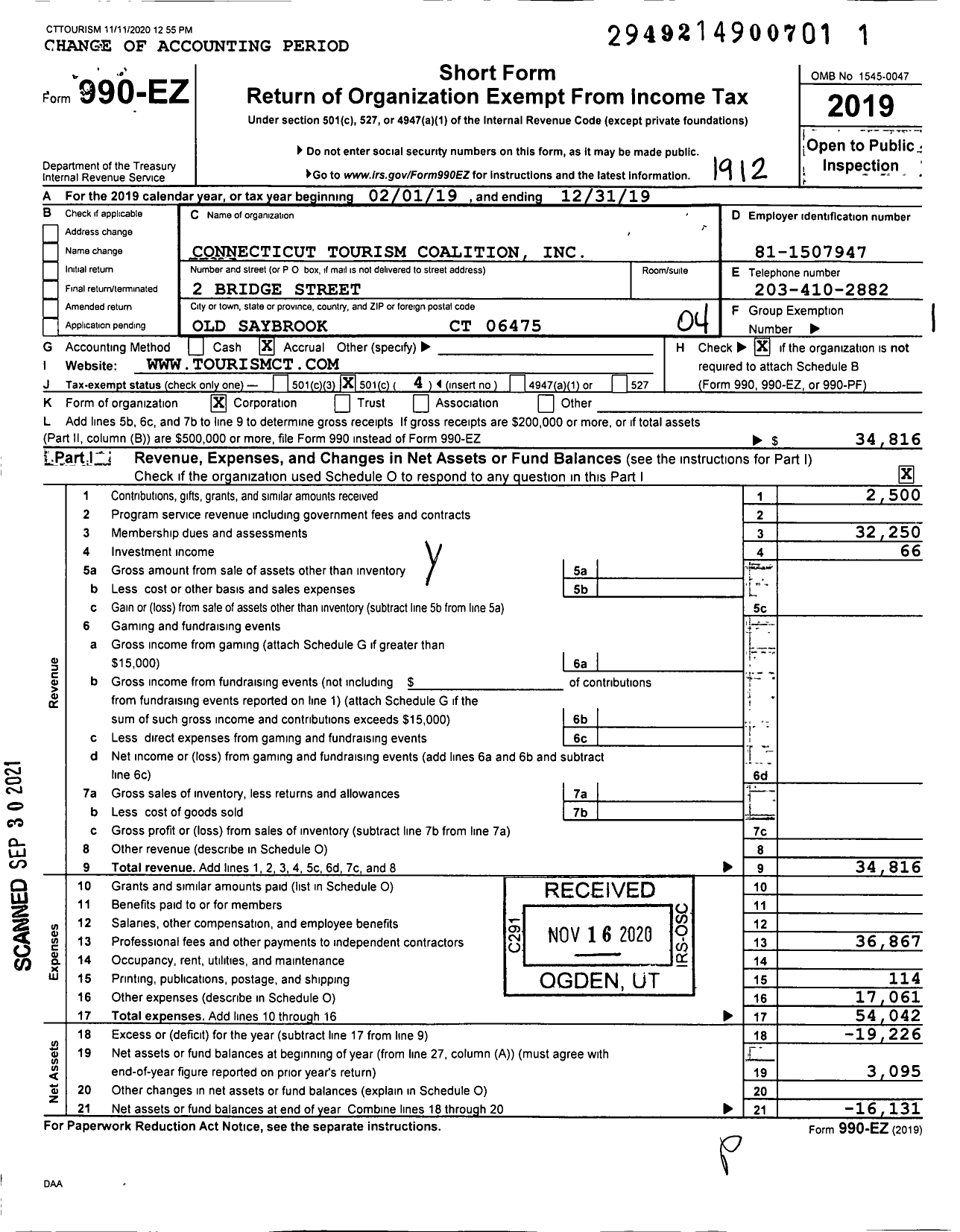 Image of first page of 2019 Form 990EO for Connecticut Tourism Coalition