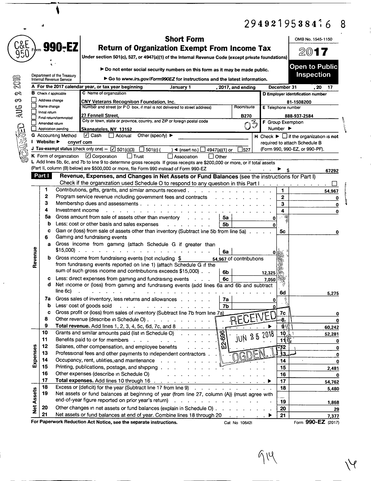 Image of first page of 2017 Form 990EZ for Cny Veterans Recognition Foundation