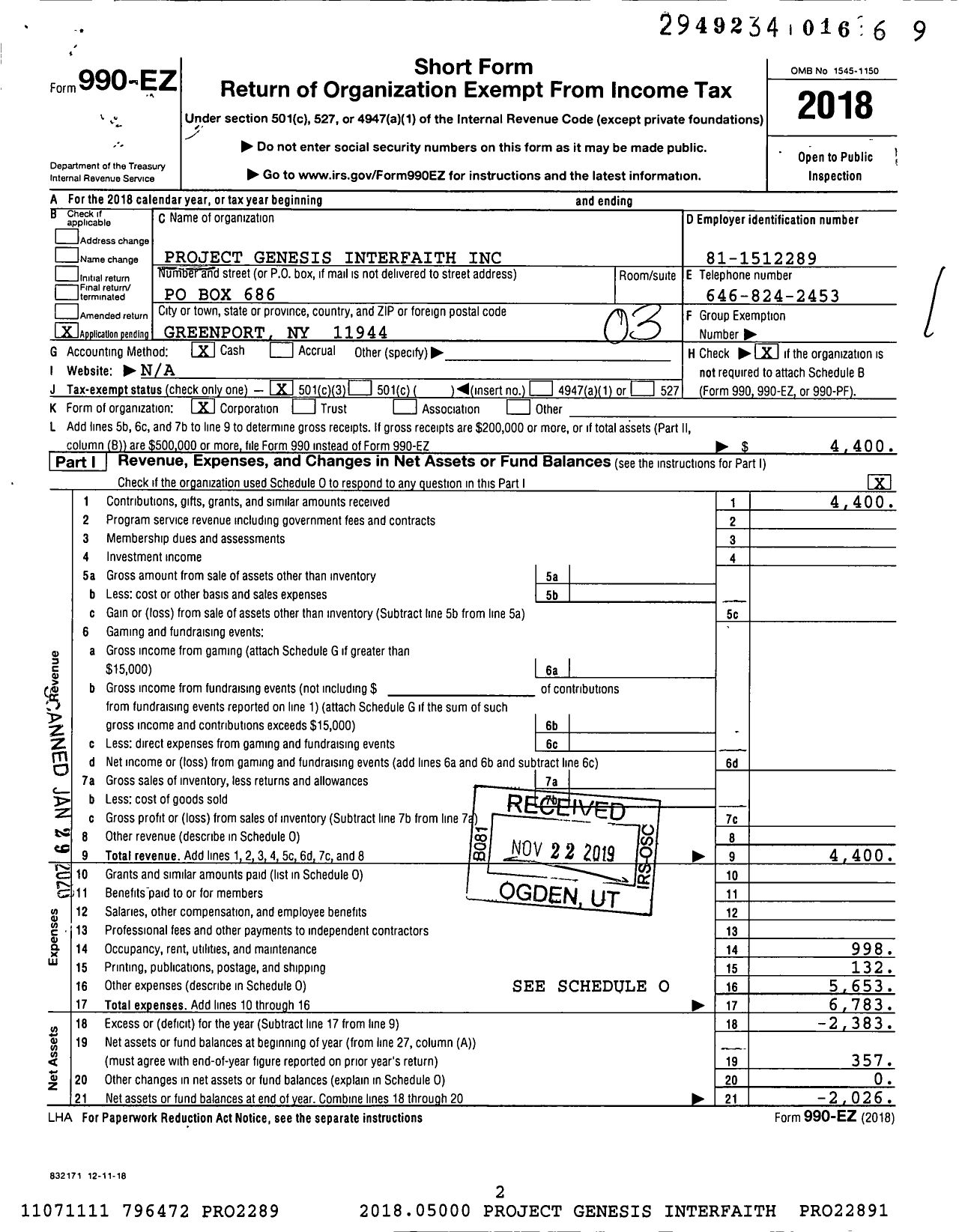 Image of first page of 2018 Form 990EZ for Project Genesis Interfaith