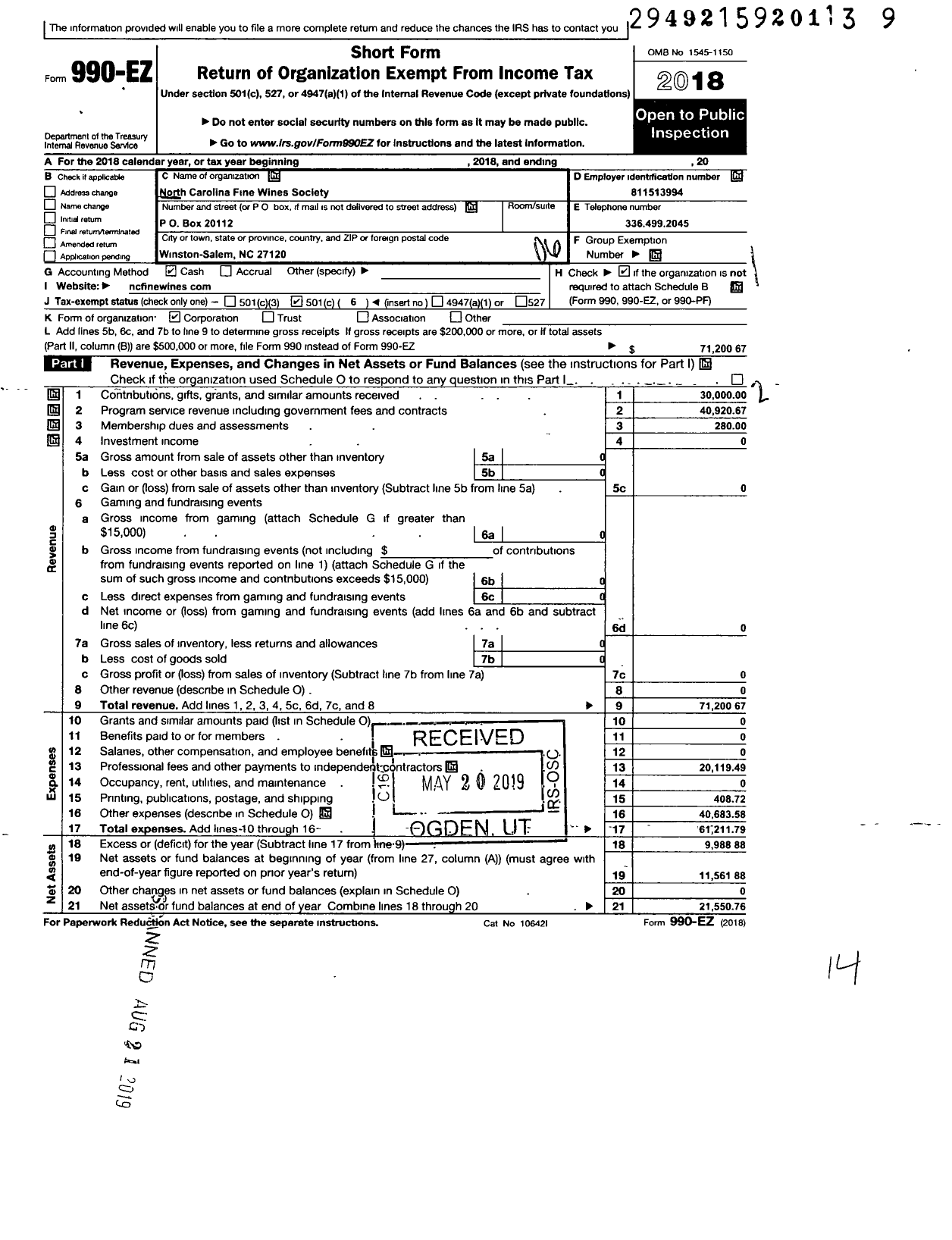 Image of first page of 2018 Form 990EO for North Carolina Fine Wines Society