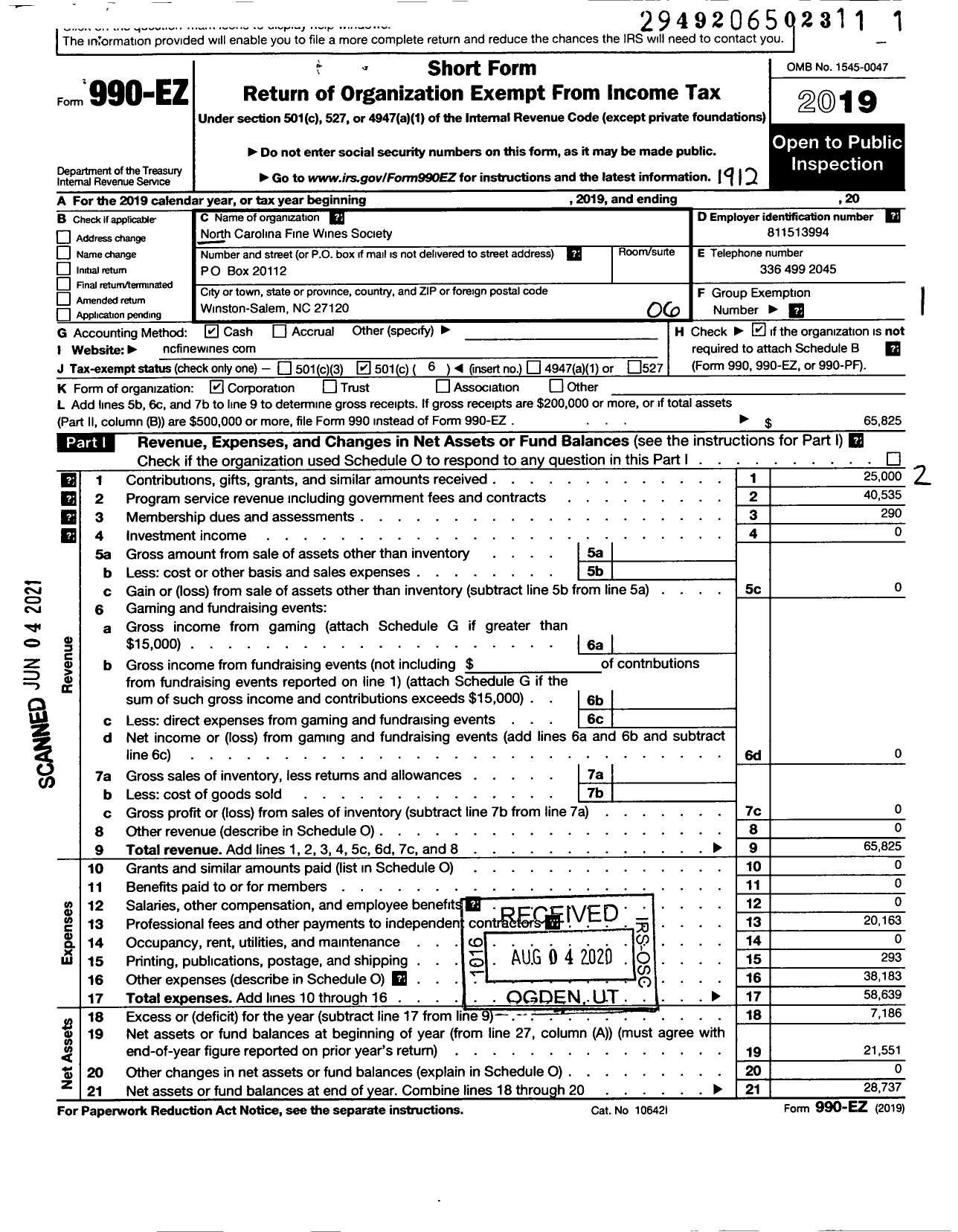 Image of first page of 2019 Form 990EO for North Carolina Fine Wines Society