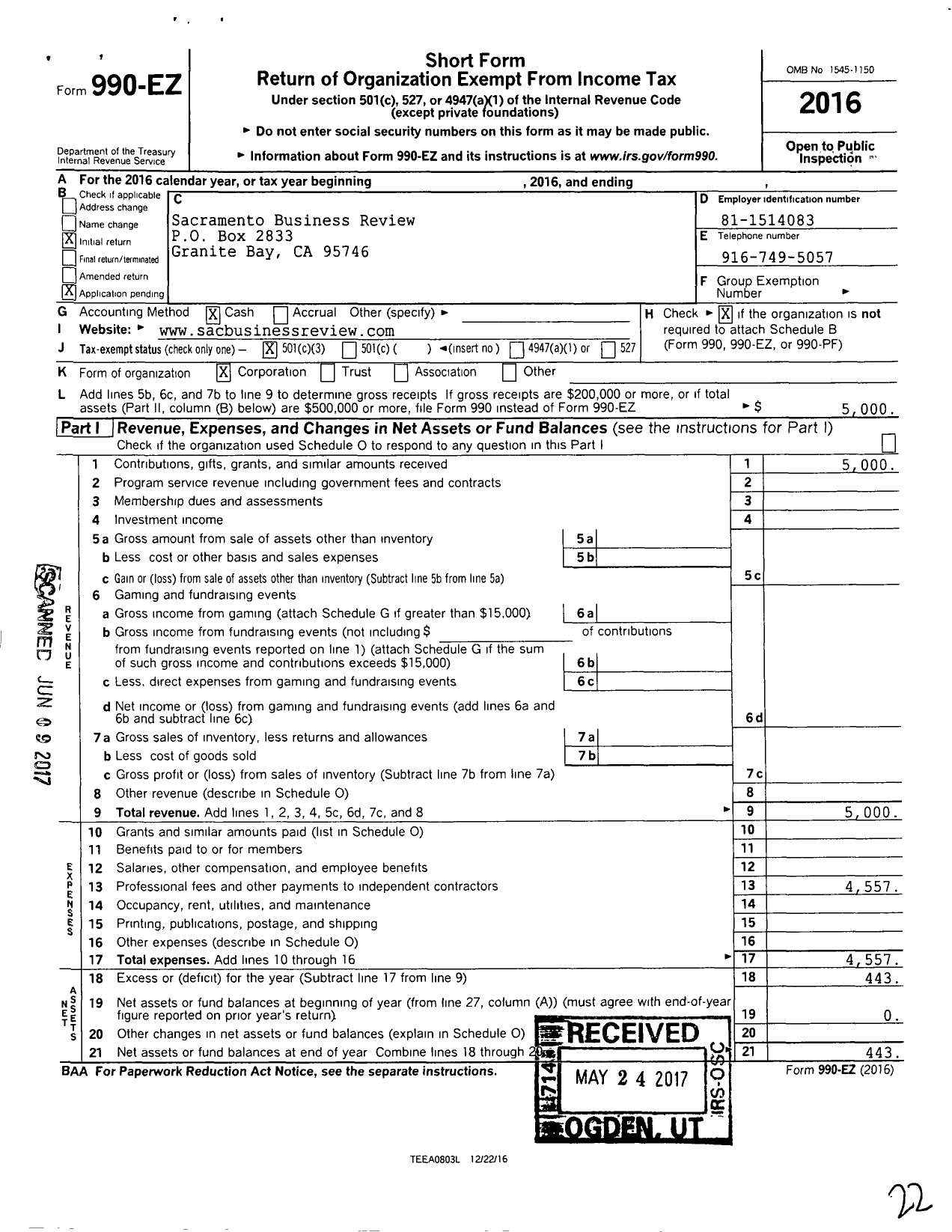 Image of first page of 2016 Form 990EZ for Sacramento Business Review