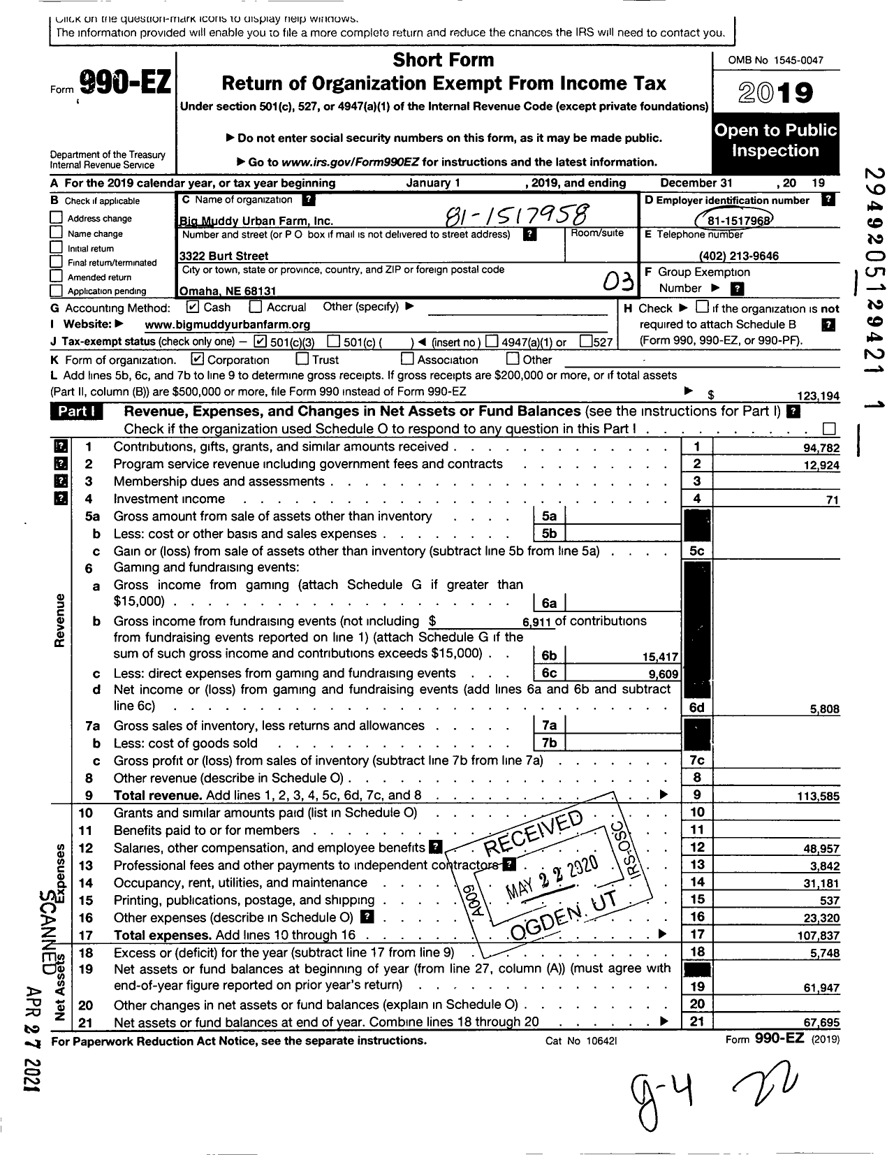 Image of first page of 2019 Form 990EZ for Big Muddy Urban Farm