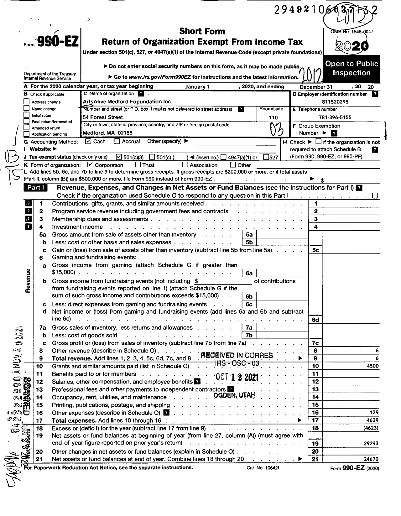 Image of first page of 2020 Form 990EZ for ArtsAlive Medford Foundation