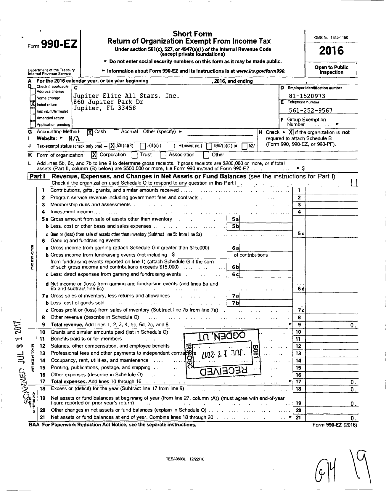 Image of first page of 2016 Form 990EZ for Jupiter Elite All Starts