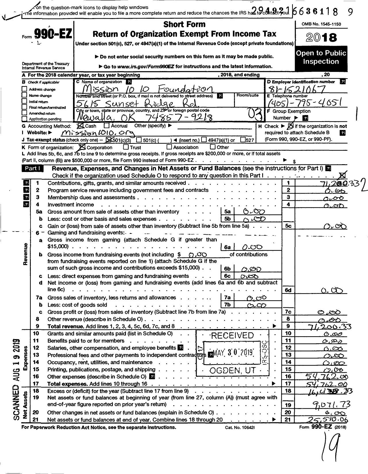 Image of first page of 2018 Form 990EZ for Mission 10 10 Foundation