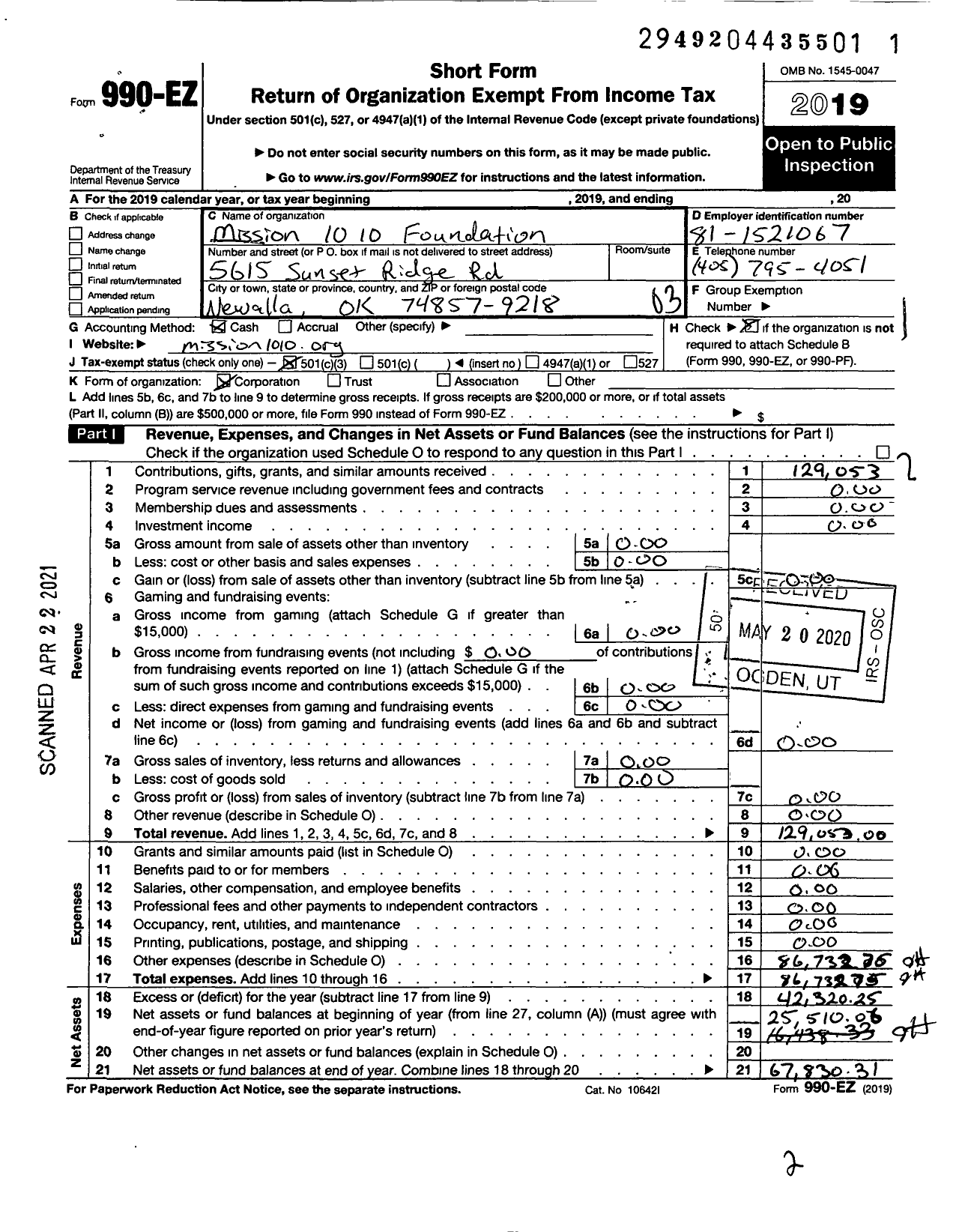 Image of first page of 2019 Form 990EZ for Mission 10 10 Foundation