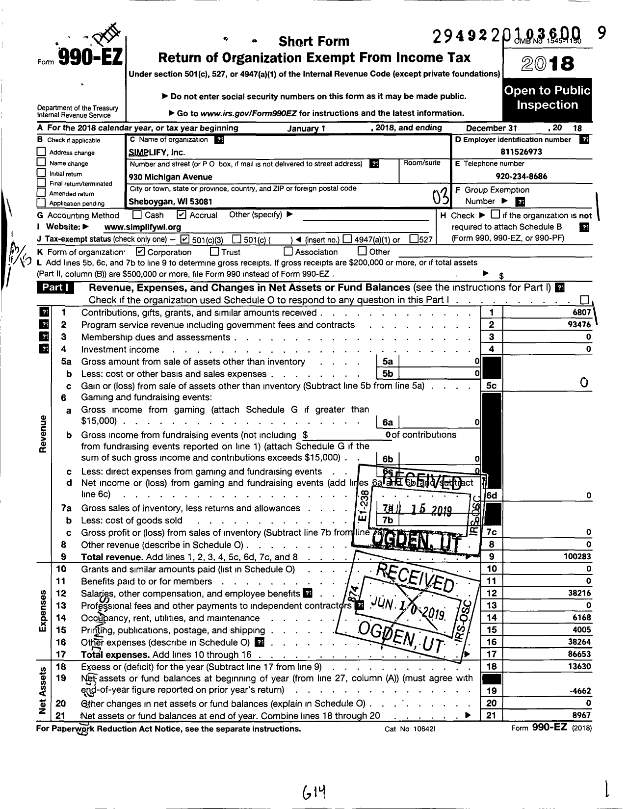 Image of first page of 2018 Form 990EZ for Simplify