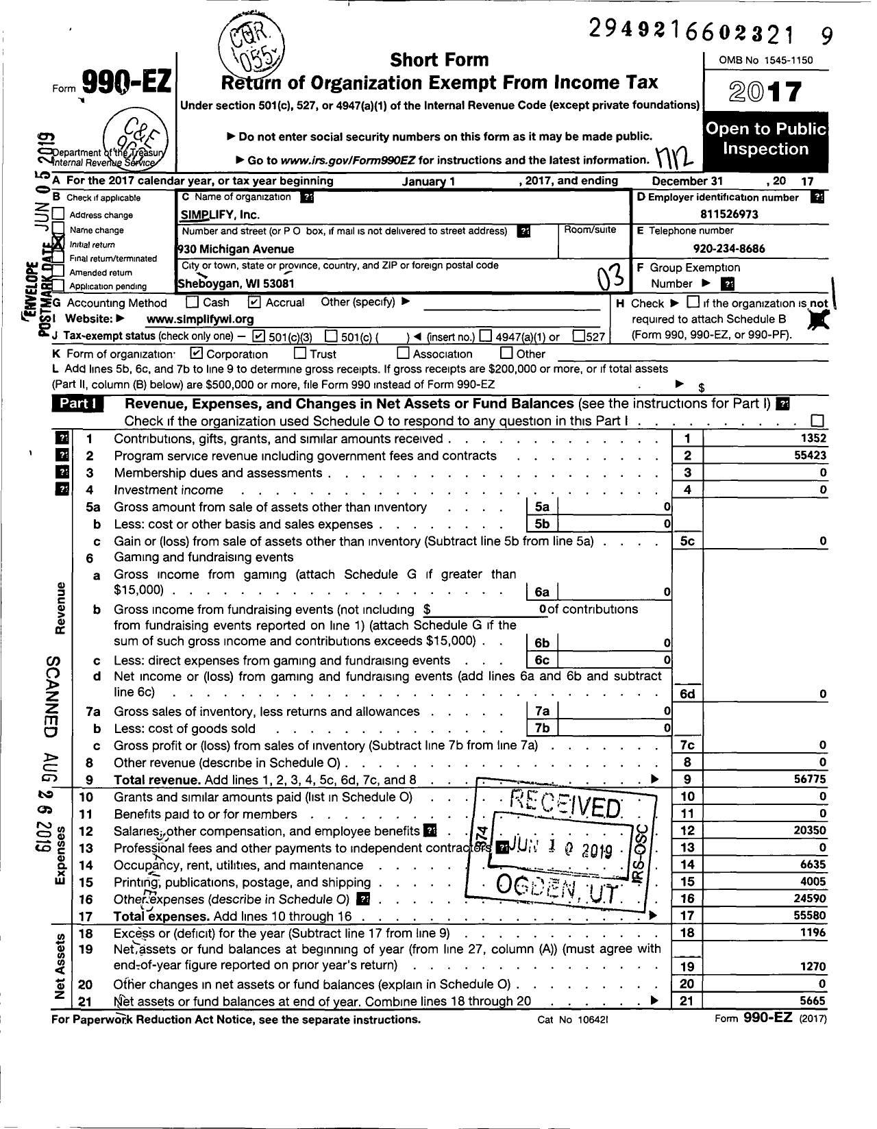 Image of first page of 2017 Form 990EZ for Simplify