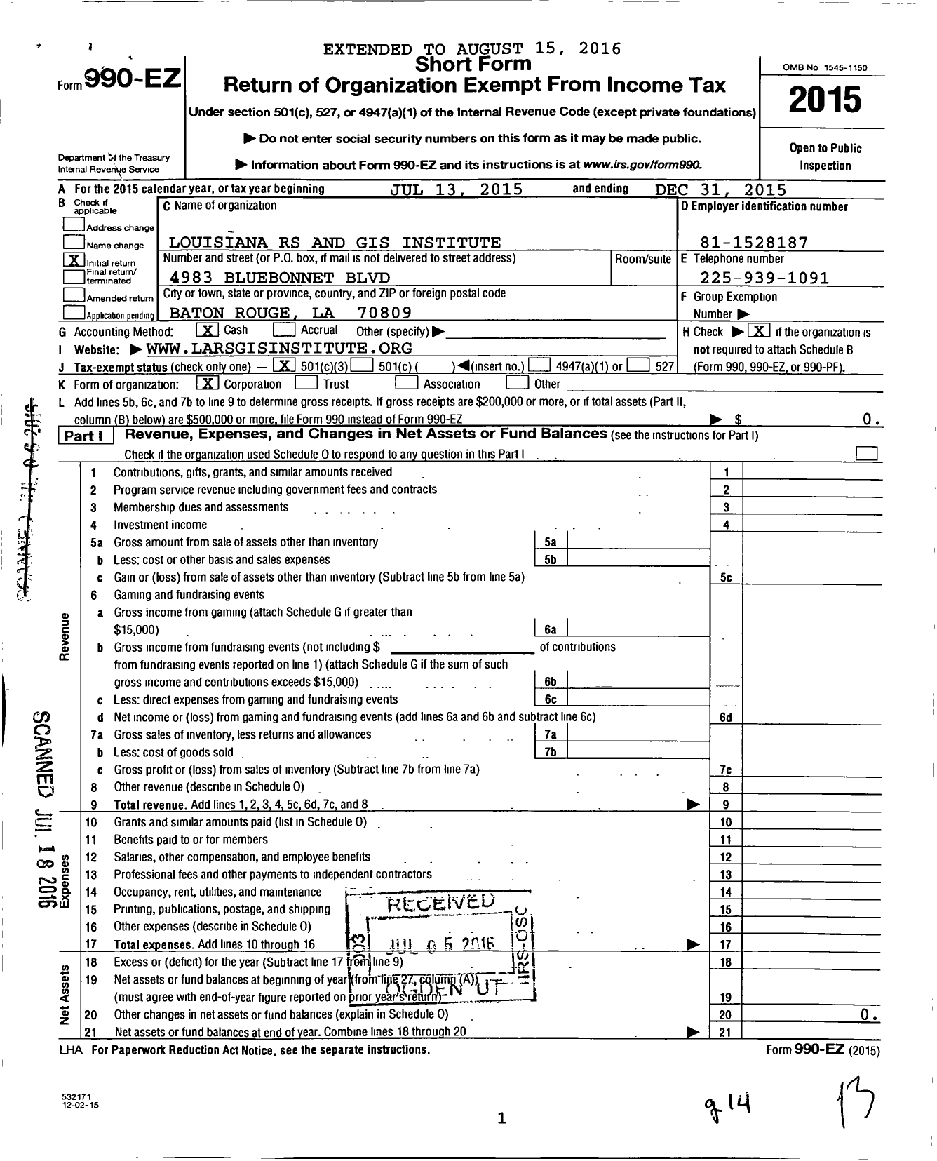 Image of first page of 2015 Form 990EZ for Global Geospatial Institute