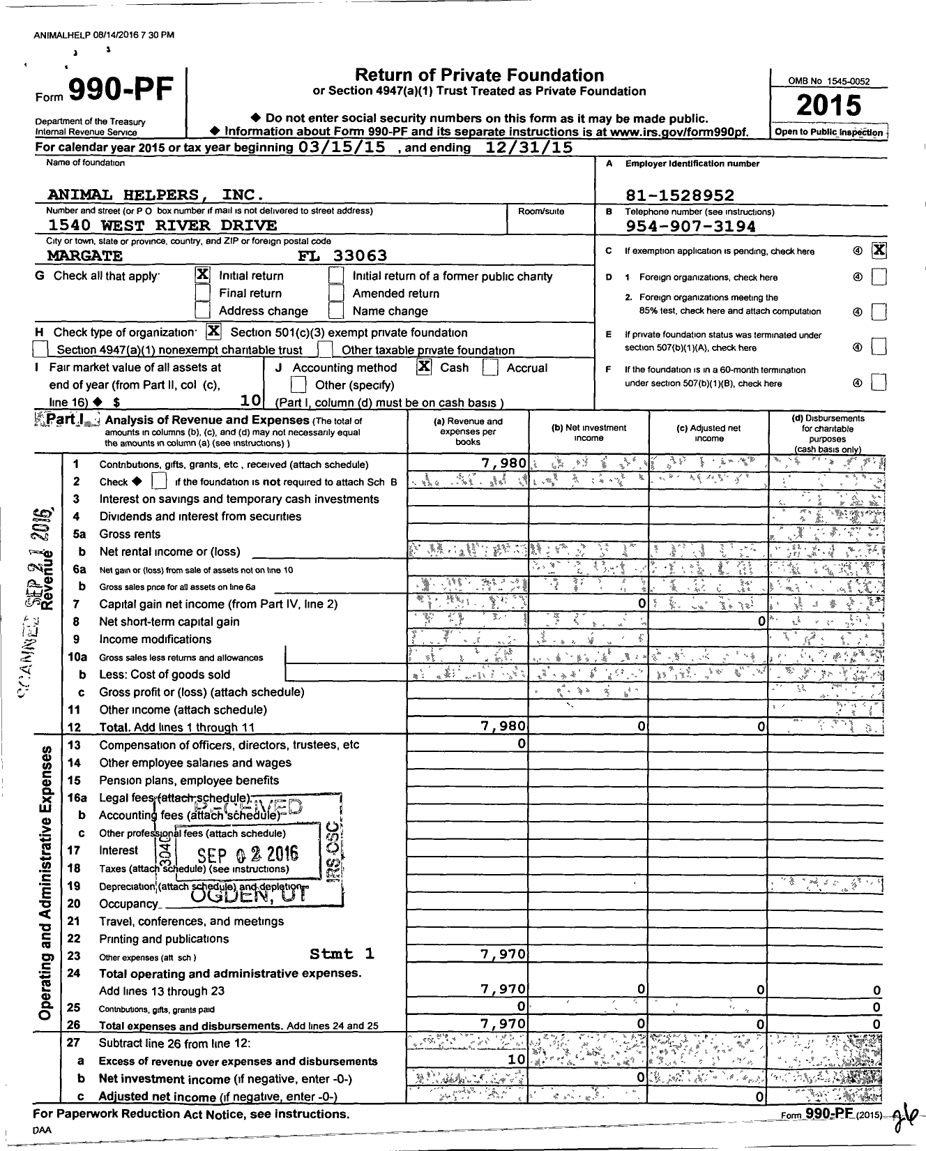 Image of first page of 2015 Form 990PF for Animal Helpers