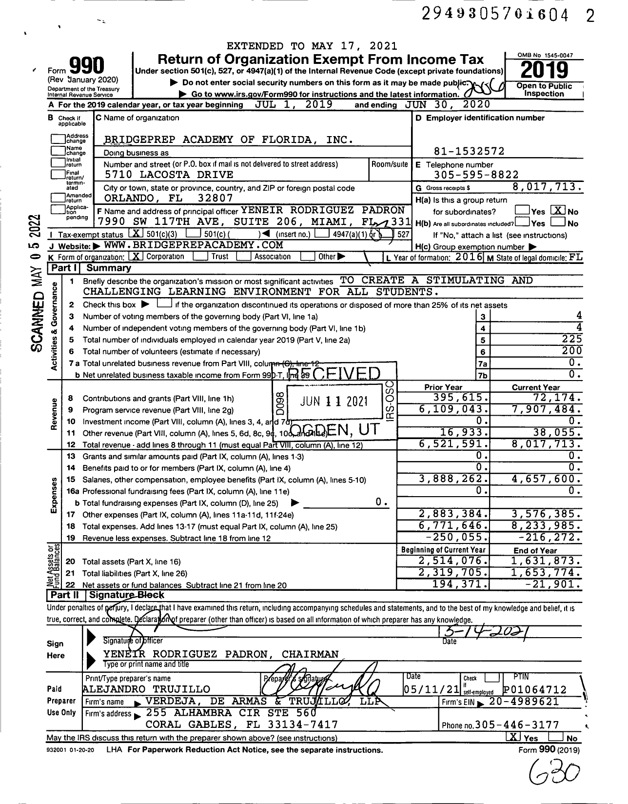 Image of first page of 2019 Form 990 for Bridgeprep Academy of Florida