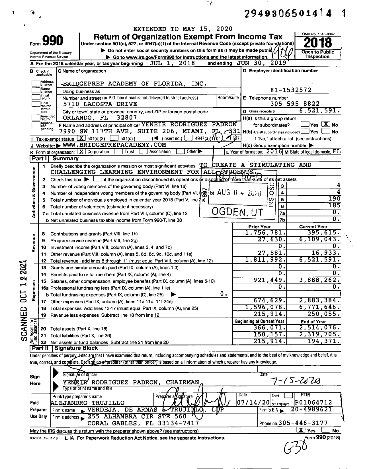 Image of first page of 2018 Form 990 for Bridgeprep Academy of Florida