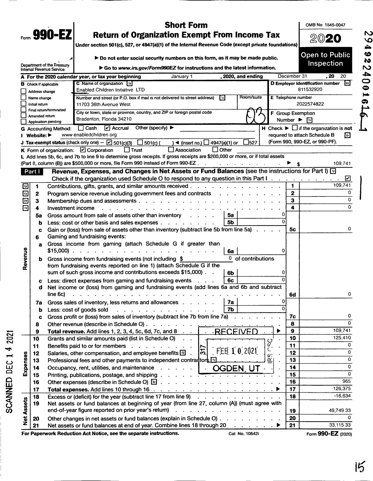Image of first page of 2020 Form 990EZ for Enabled Children Initiative