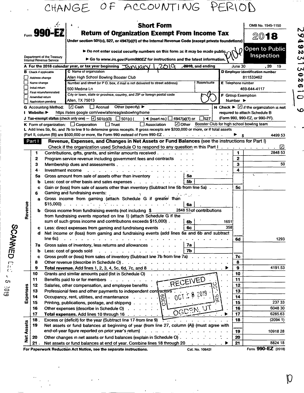 Image of first page of 2018 Form 990EZ for Allen High School Bowling Booster Club