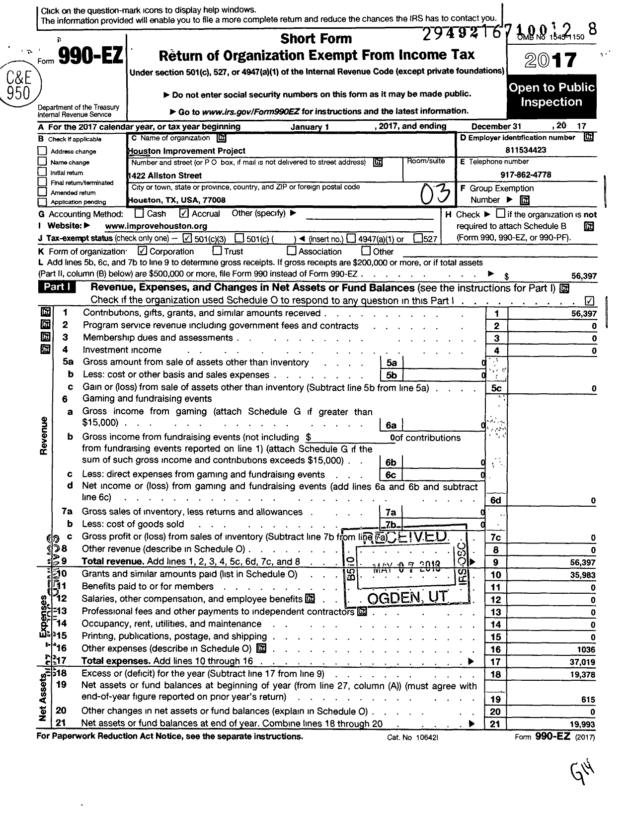 Image of first page of 2017 Form 990EZ for Houston Improvement Project