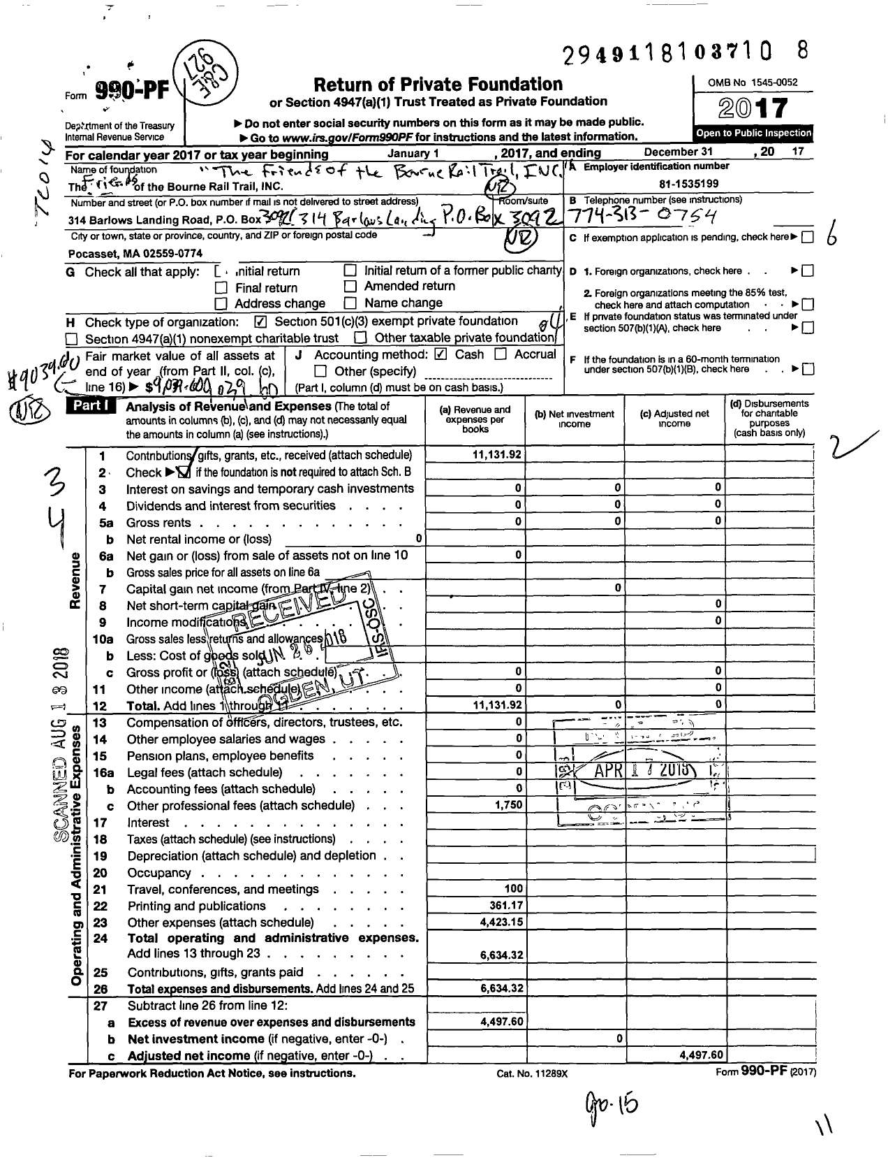 Image of first page of 2017 Form 990PF for Friends of the Bourne Rail Trail