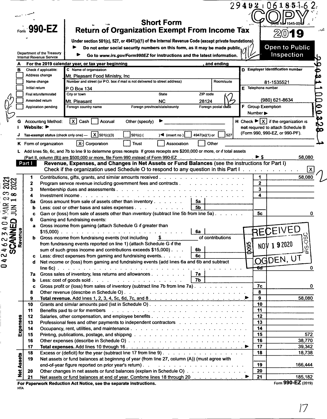 Image of first page of 2019 Form 990EZ for Mt PLEASANT FOOD MINISTRY