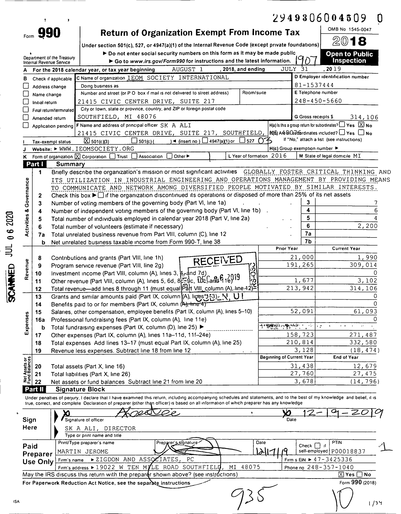 Image of first page of 2018 Form 990 for Ieom Society International