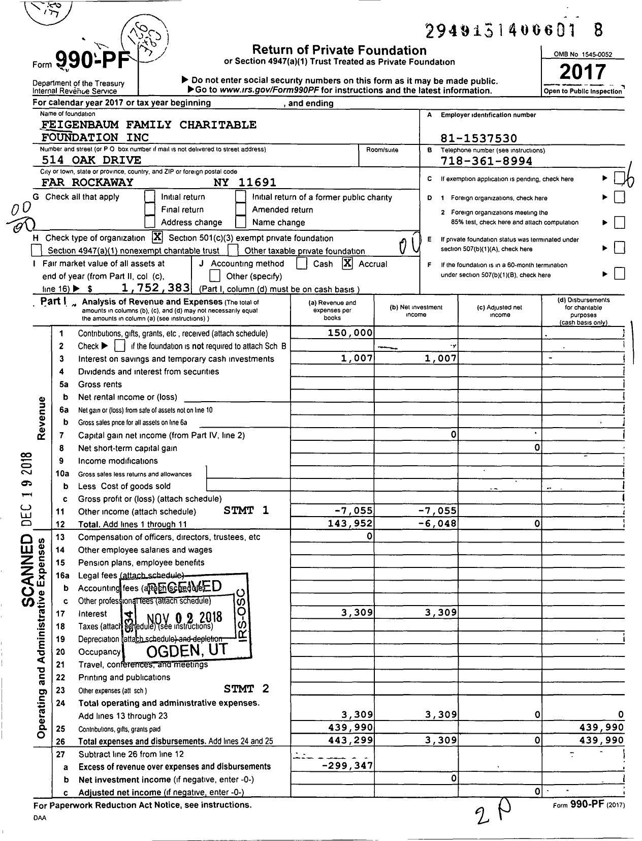 Image of first page of 2017 Form 990PF for Feigenbaum Family Charitable Foundation