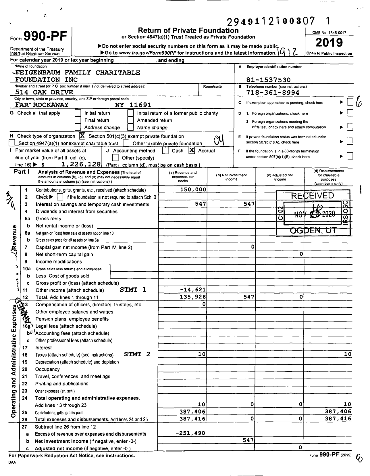 Image of first page of 2019 Form 990PF for Feigenbaum Family Charitable Foundation