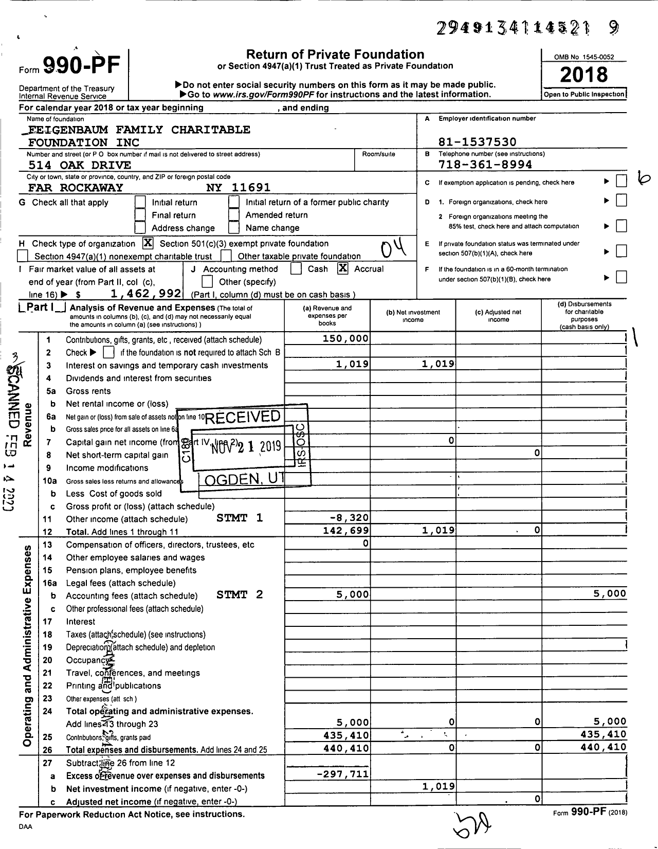 Image of first page of 2018 Form 990PF for Feigenbaum Family Charitable Foundation