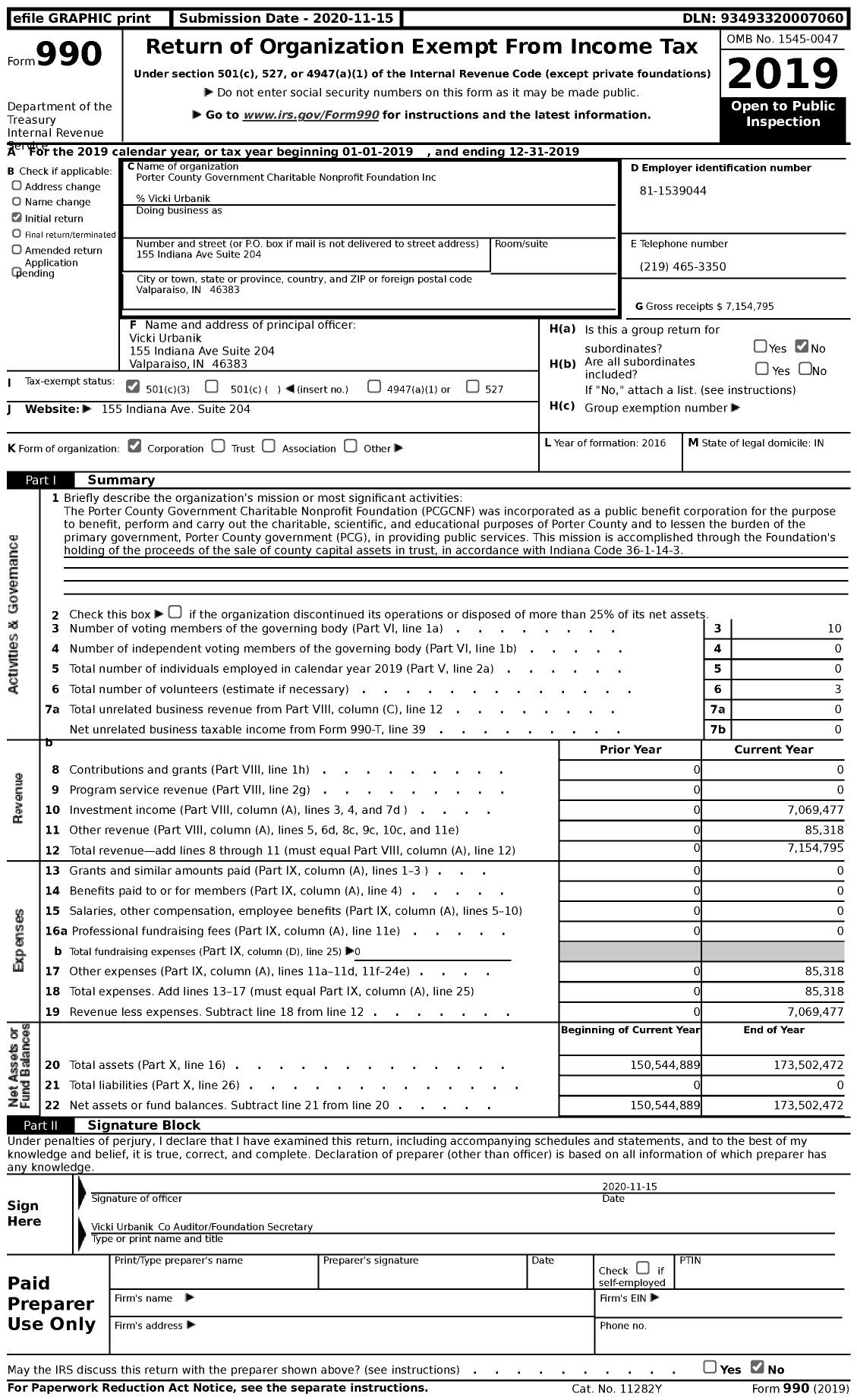 Image of first page of 2019 Form 990 for Porter County Government Charitable Nonprofit Foundation