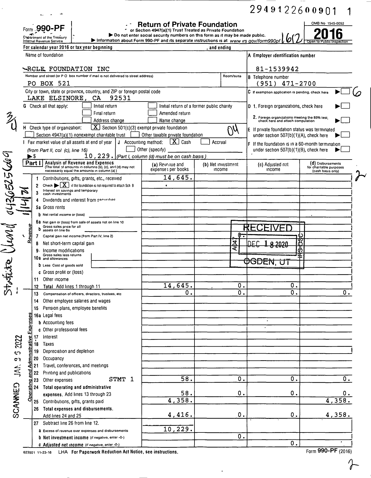 Image of first page of 2016 Form 990PF for RCLE Foundation