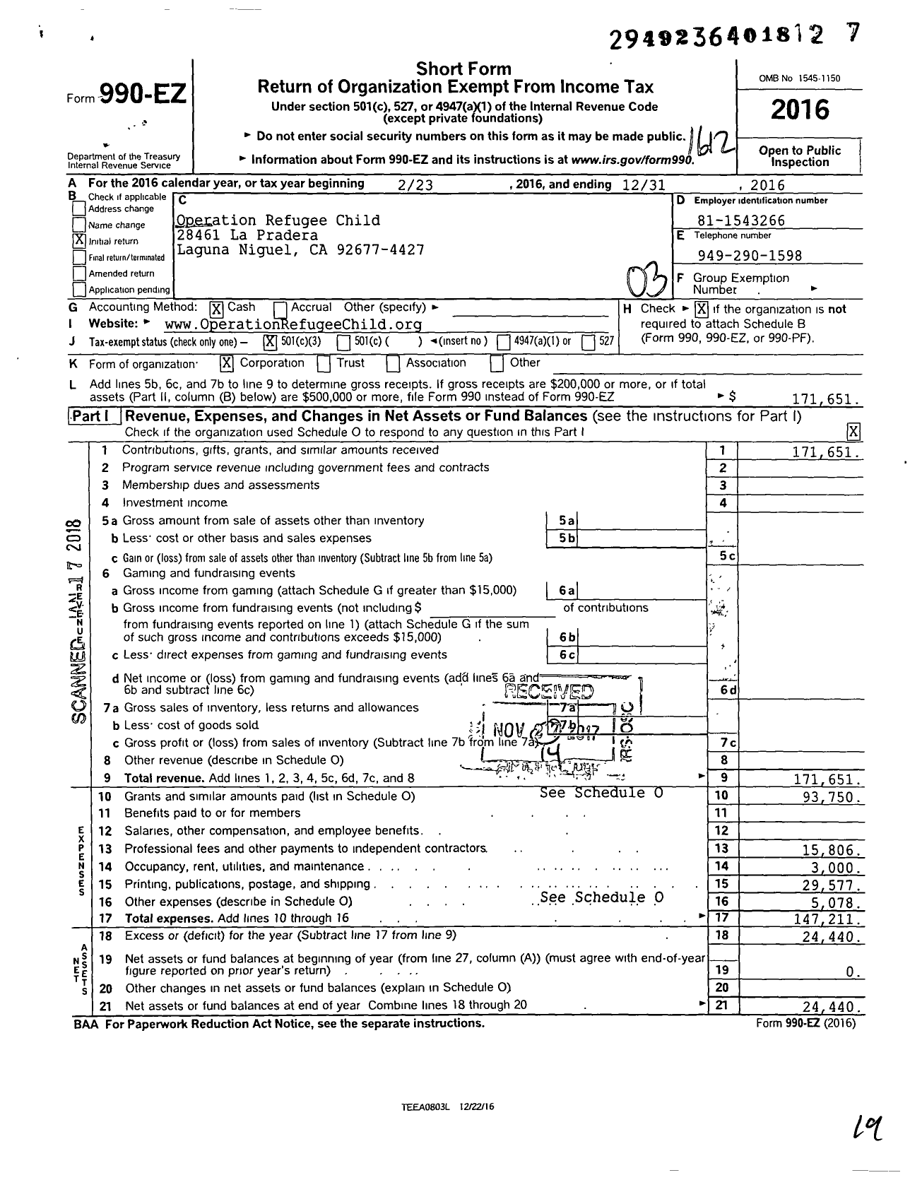 Image of first page of 2016 Form 990EZ for Raising Little Ballers