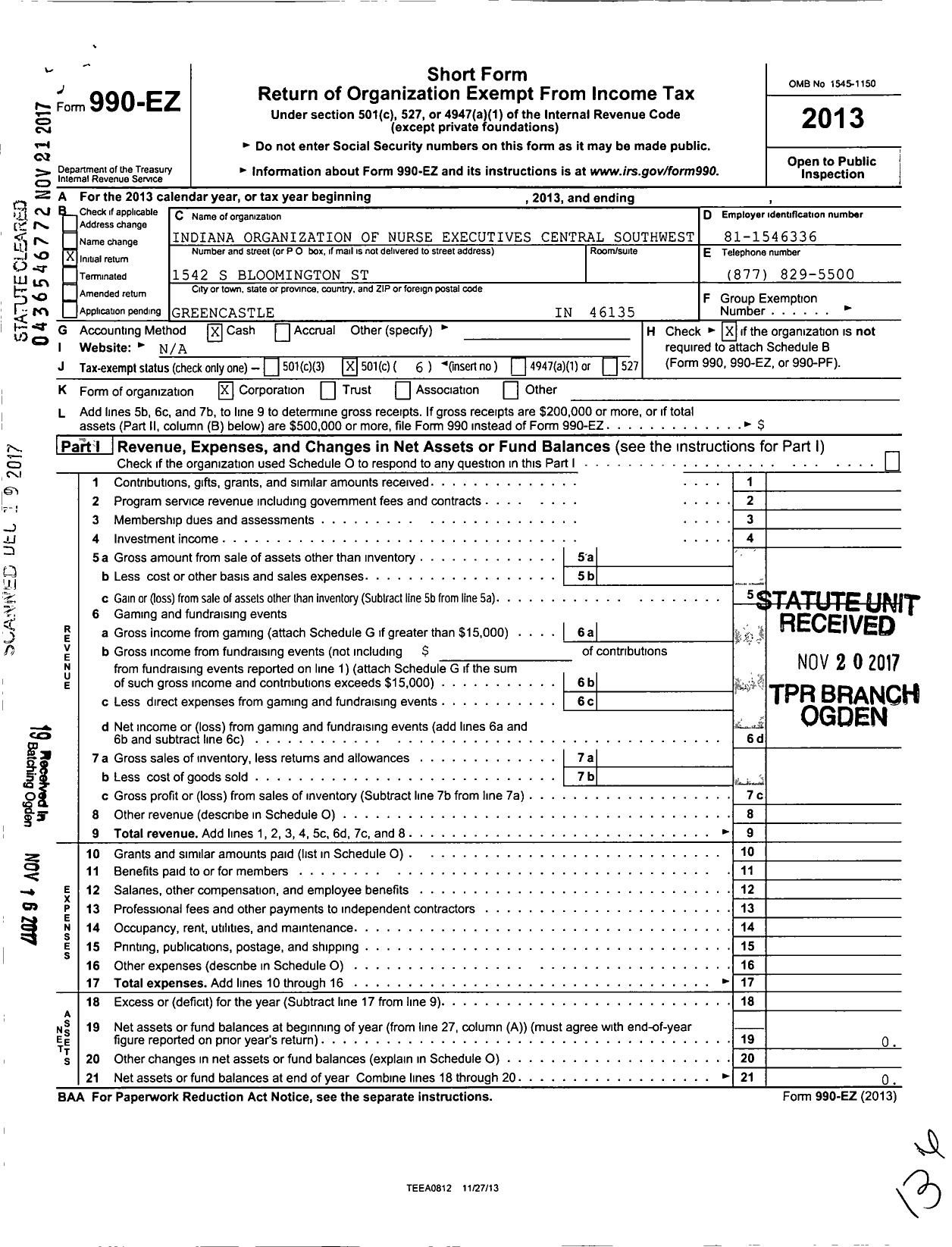Image of first page of 2013 Form 990EO for Indiana Organization of Nurse Executives Central Southwest Distr