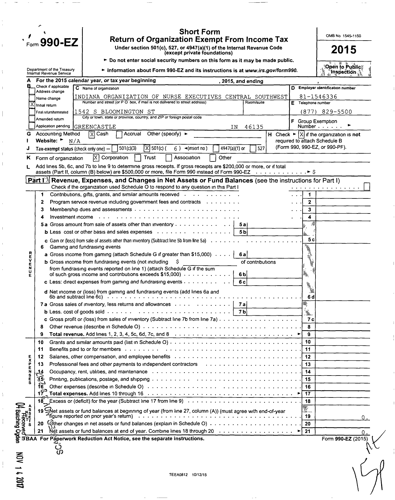 Image of first page of 2015 Form 990EO for Indiana Organization of Nurse Executives Central Southwest Distr