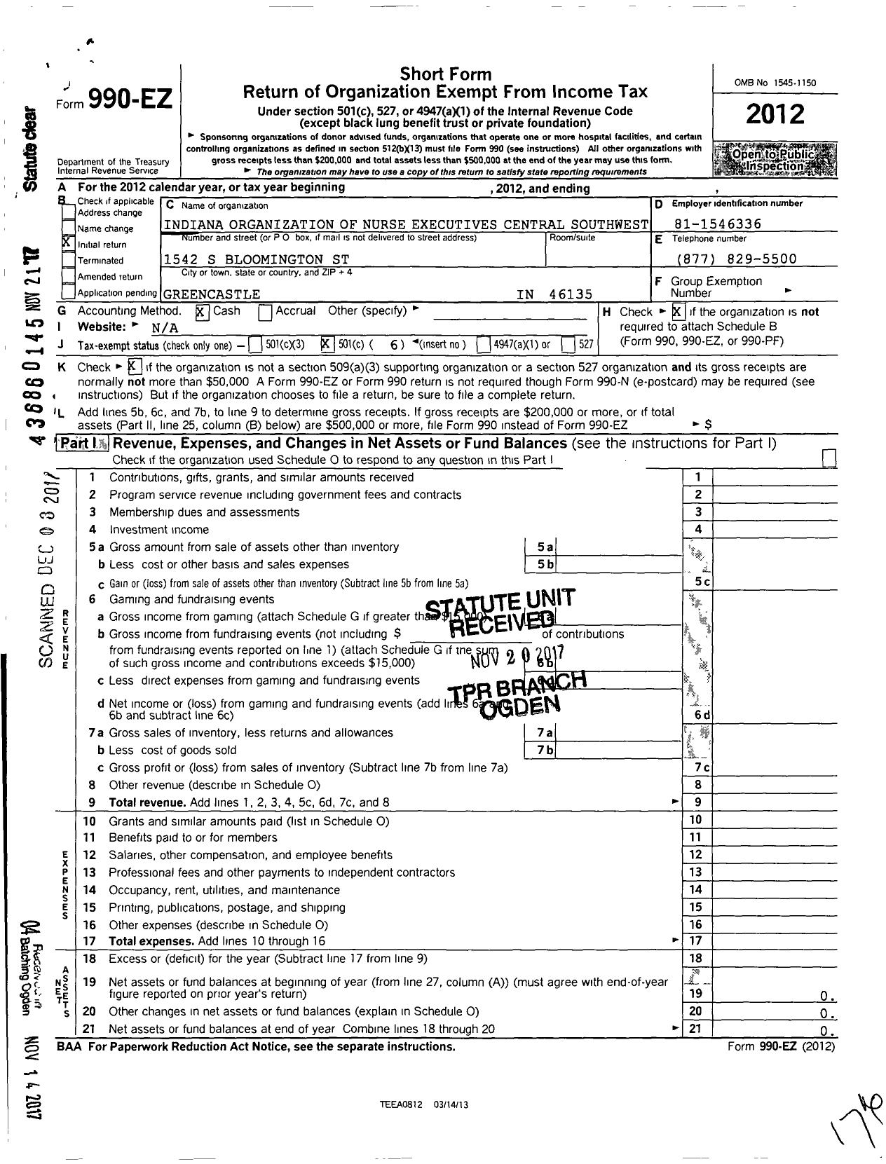 Image of first page of 2012 Form 990EO for Indiana Organization of Nurse Executives Central Southwest Distr