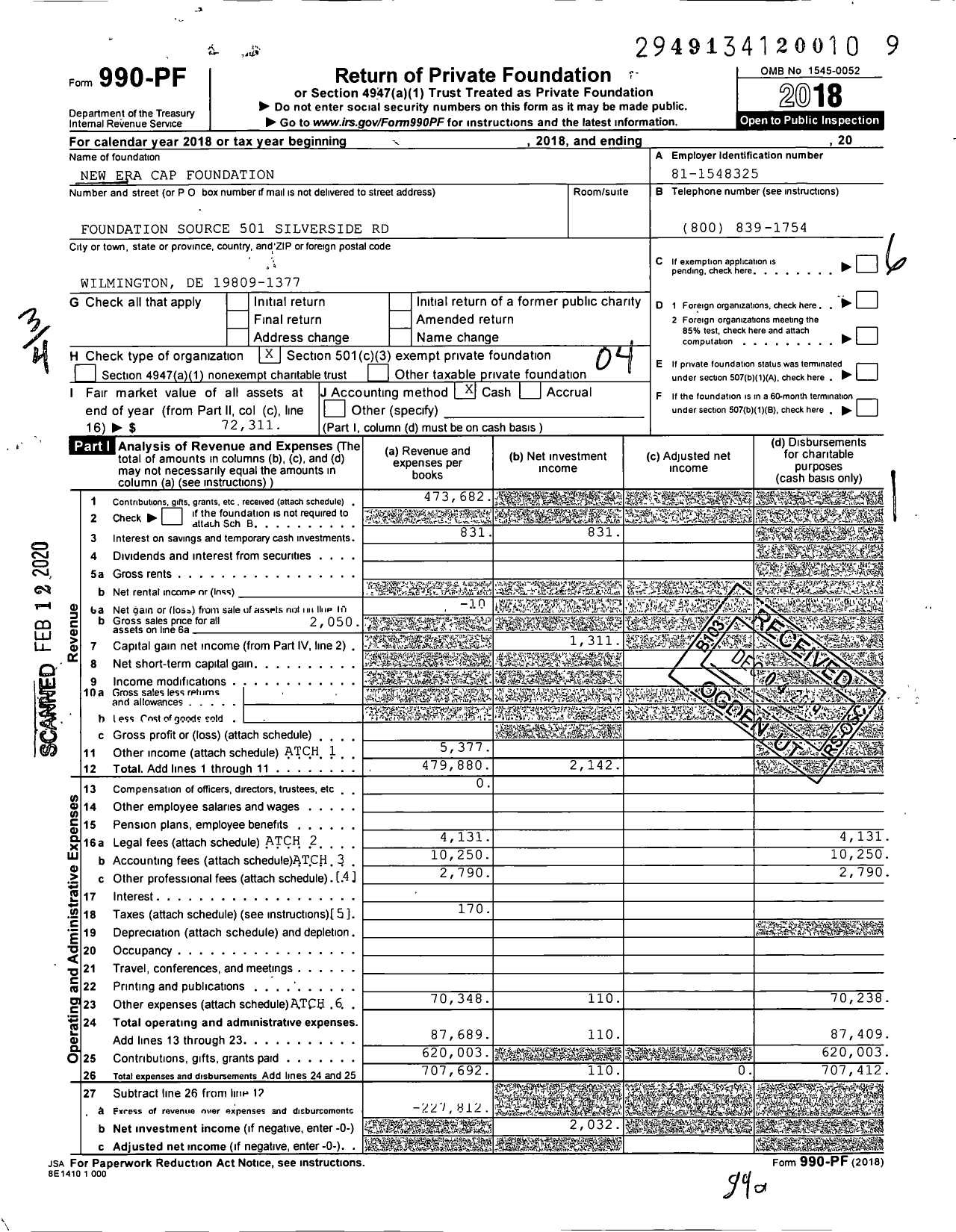 Image of first page of 2018 Form 990PF for New Era Cap Foundation