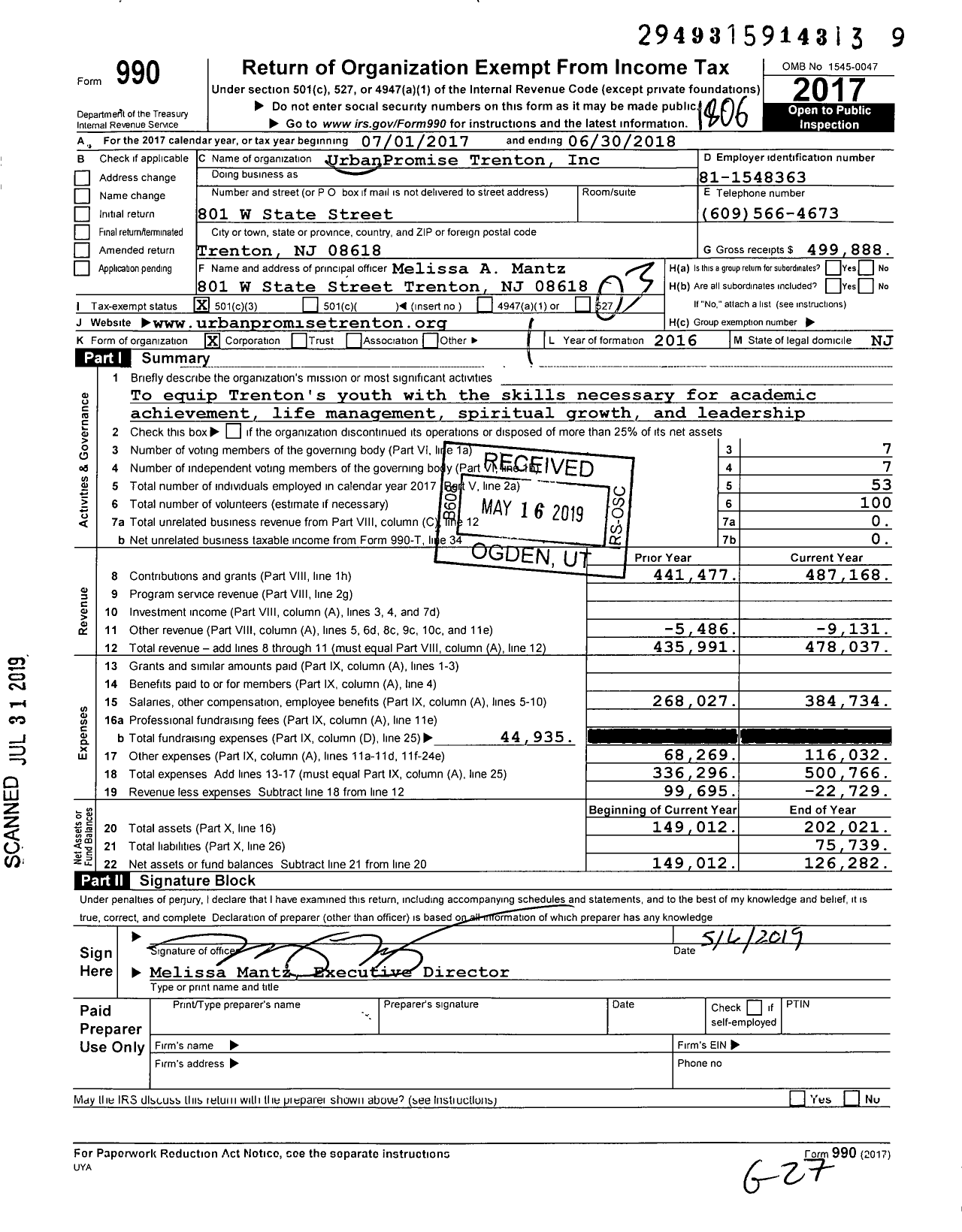 Image of first page of 2017 Form 990 for Urbanpromise Trenton