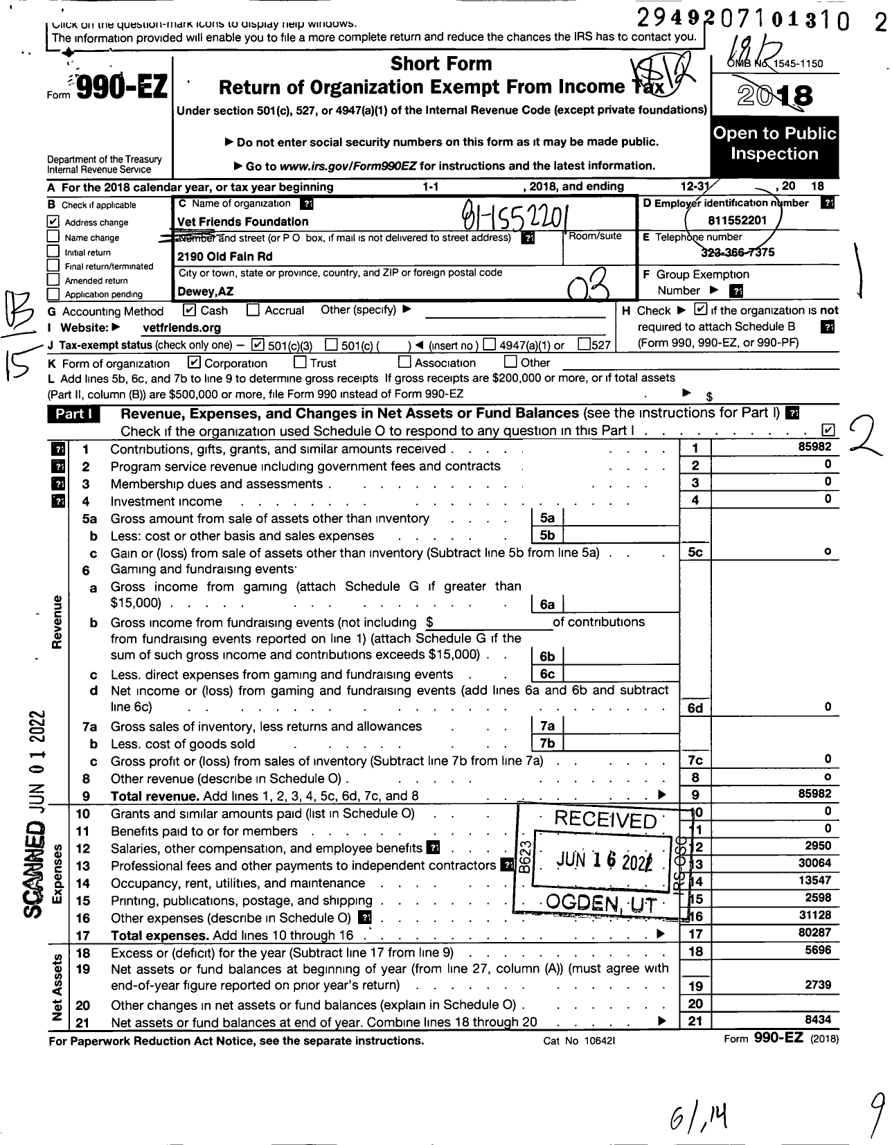 Image of first page of 2018 Form 990EZ for Camp Golden Years / Vet Friends Foundation