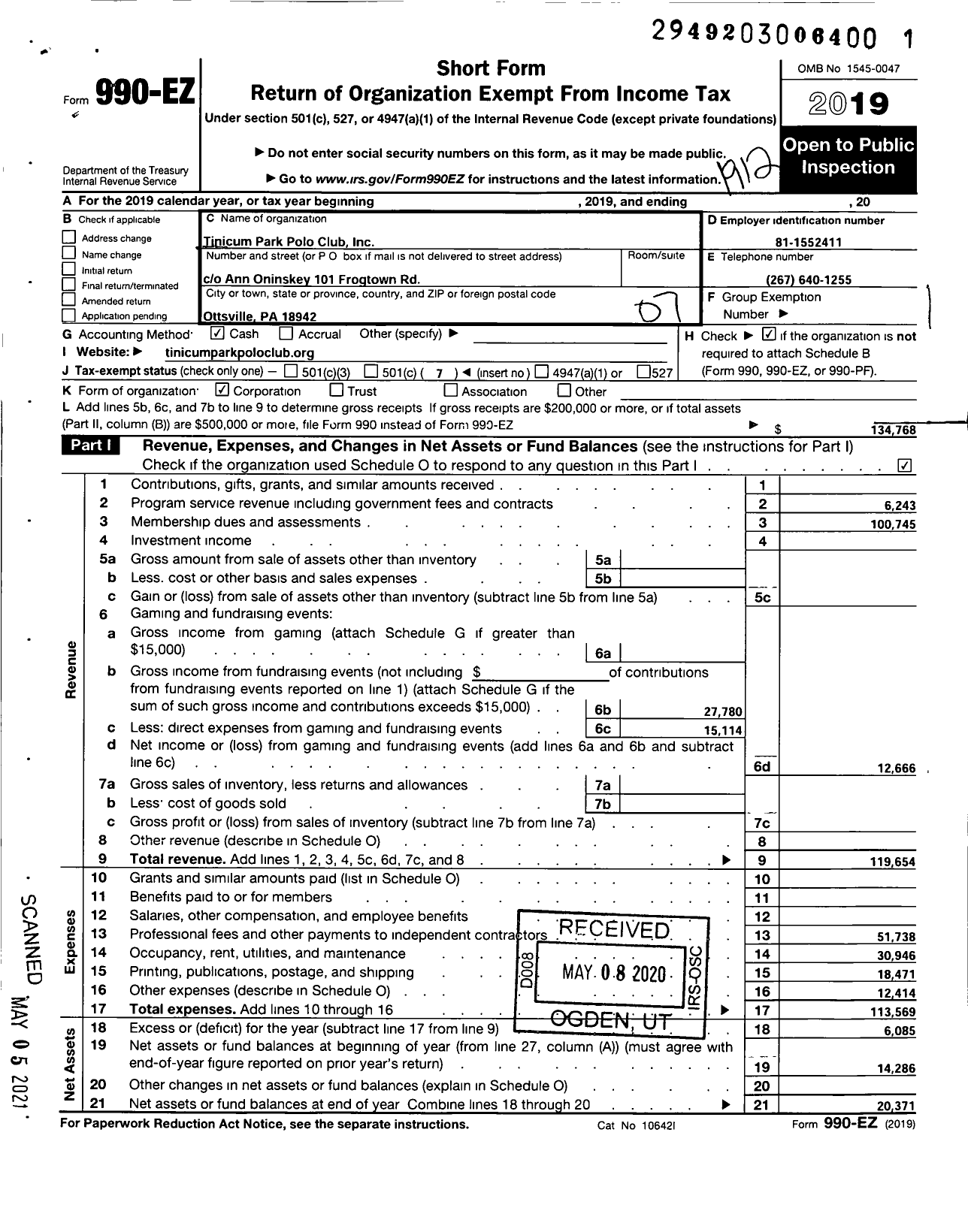 Image of first page of 2019 Form 990EO for Tinicum Park Polo Club