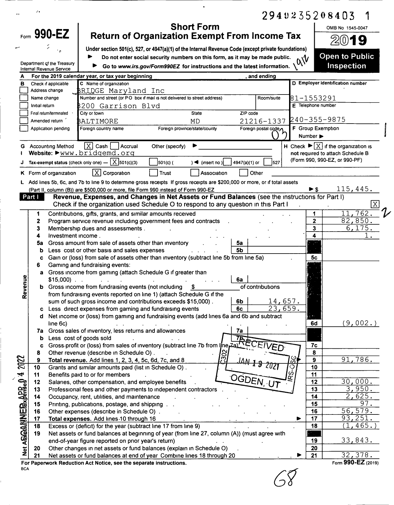 Image of first page of 2019 Form 990EZ for BRIDGE Maryland