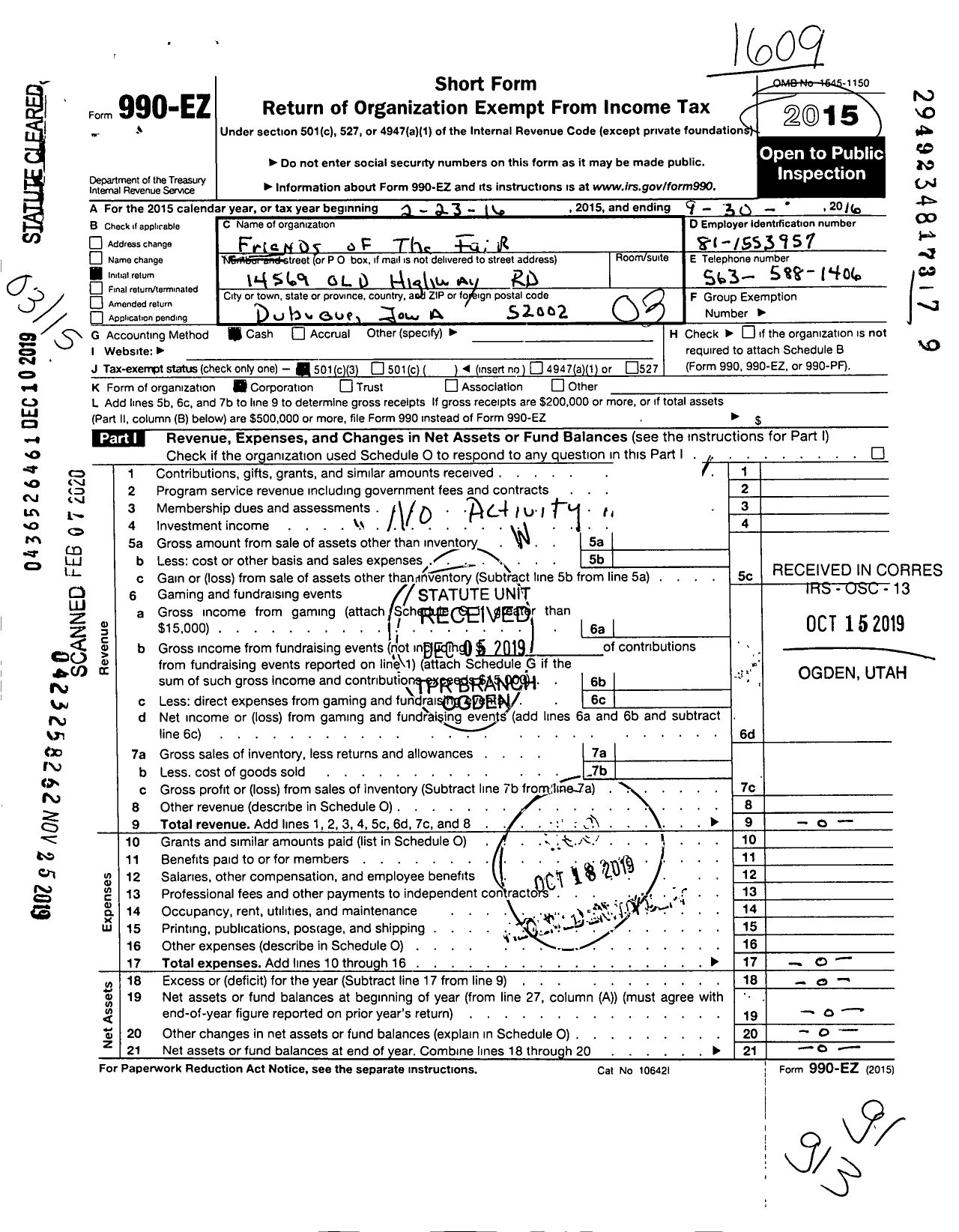Image of first page of 2015 Form 990EZ for Friends of the Fair Foundation
