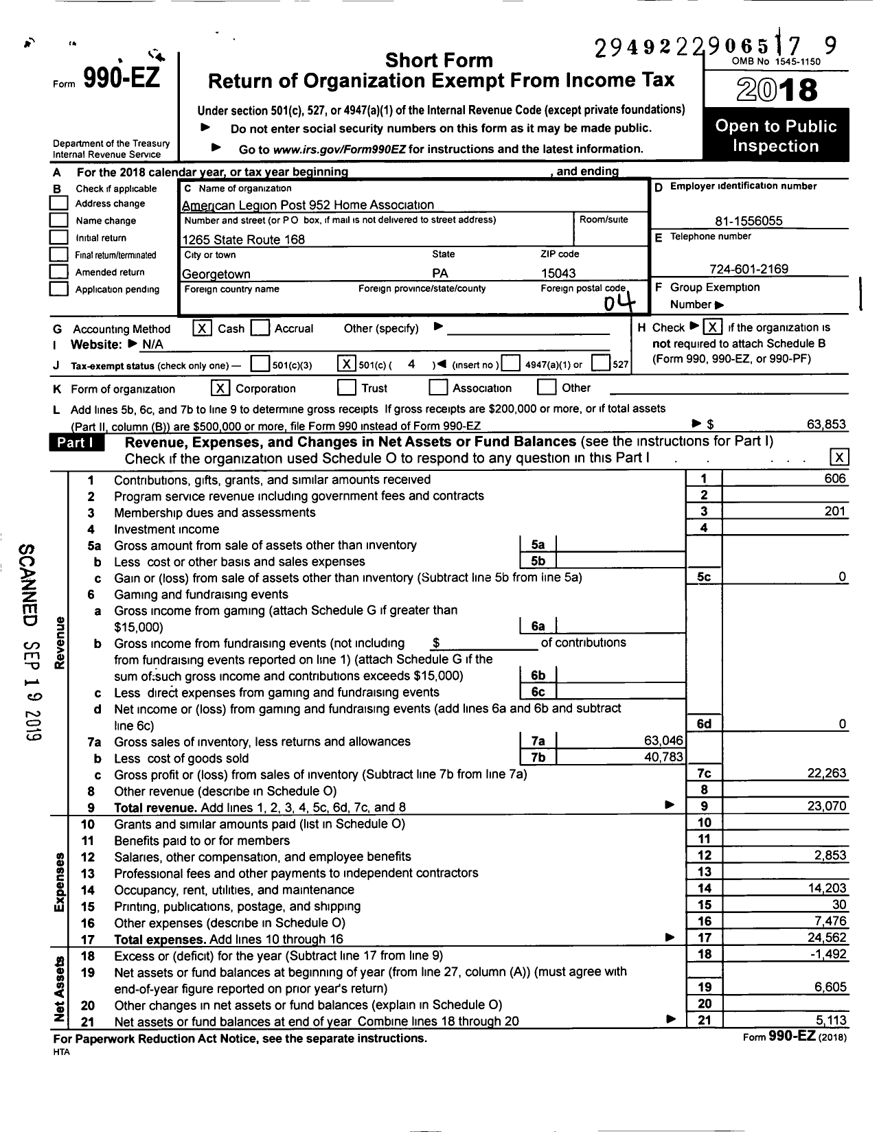 Image of first page of 2018 Form 990EO for American Legion Post 952 Home Association