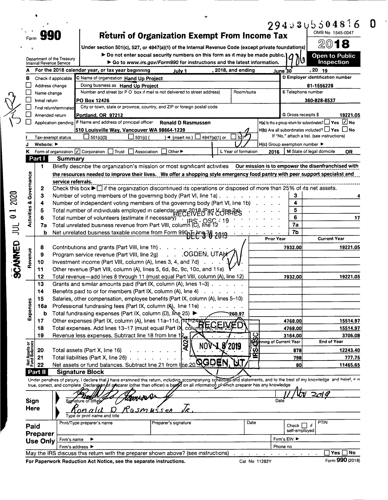 Image of first page of 2018 Form 990 for Hand Up Project