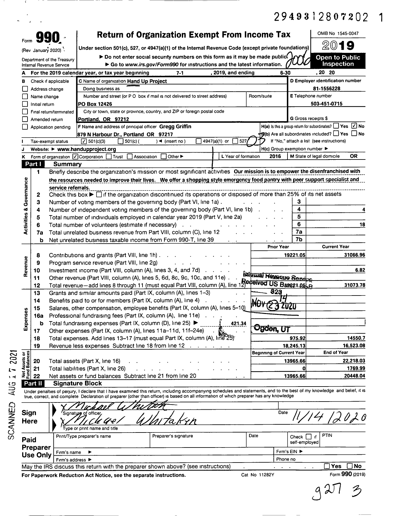 Image of first page of 2019 Form 990 for Hand Up Project