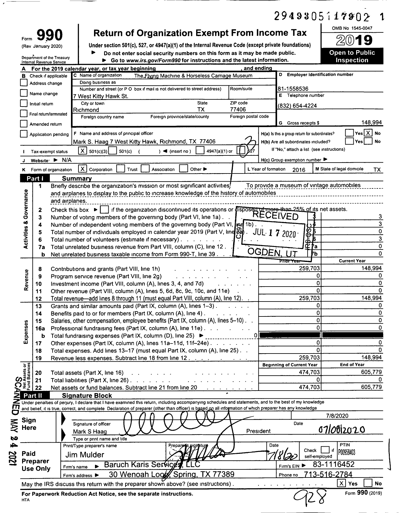 Image of first page of 2019 Form 990 for The Flying Machine & Horseless Carriage Museum