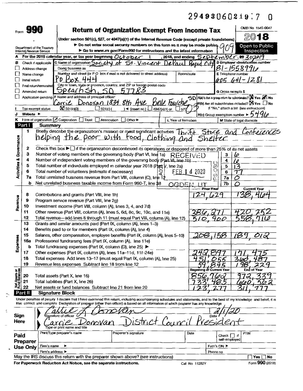 Image of first page of 2018 Form 990 for Society of St Vincent de Paul Rapid City Diocese District Council