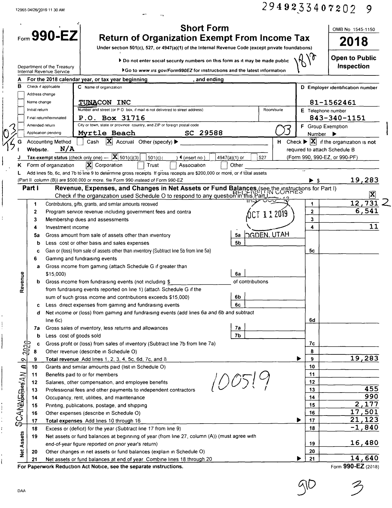 Image of first page of 2018 Form 990EZ for Tunacon