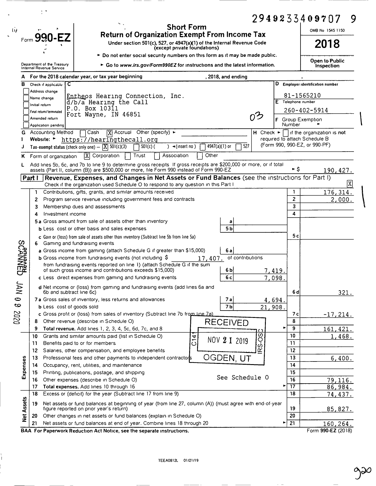 Image of first page of 2018 Form 990EZ for Hearing the Call