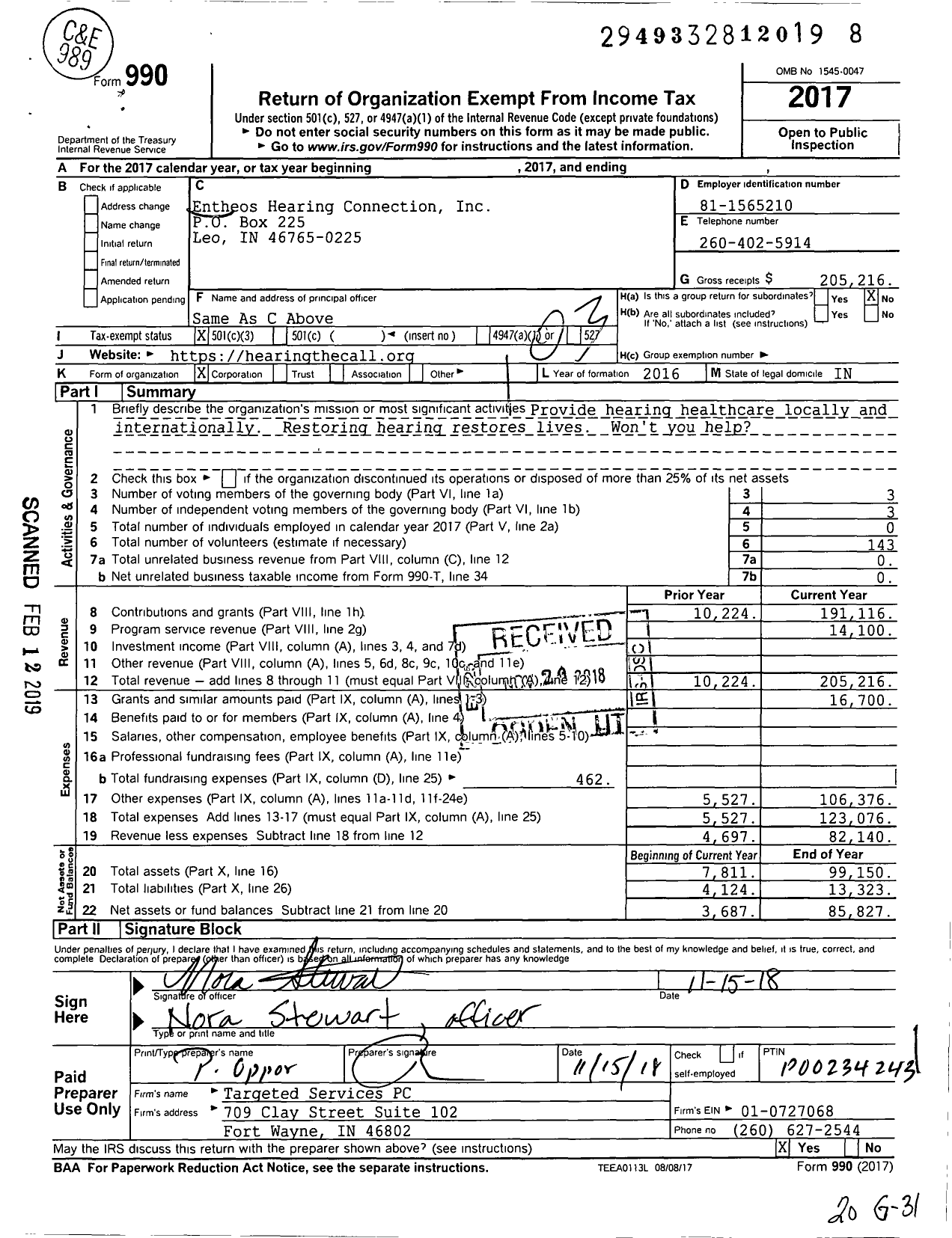 Image of first page of 2017 Form 990 for Hearing the Call