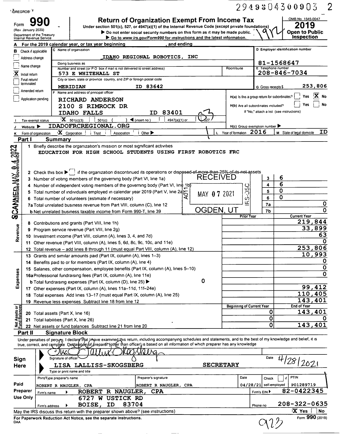 Image of first page of 2019 Form 990 for First Idaho Robotics