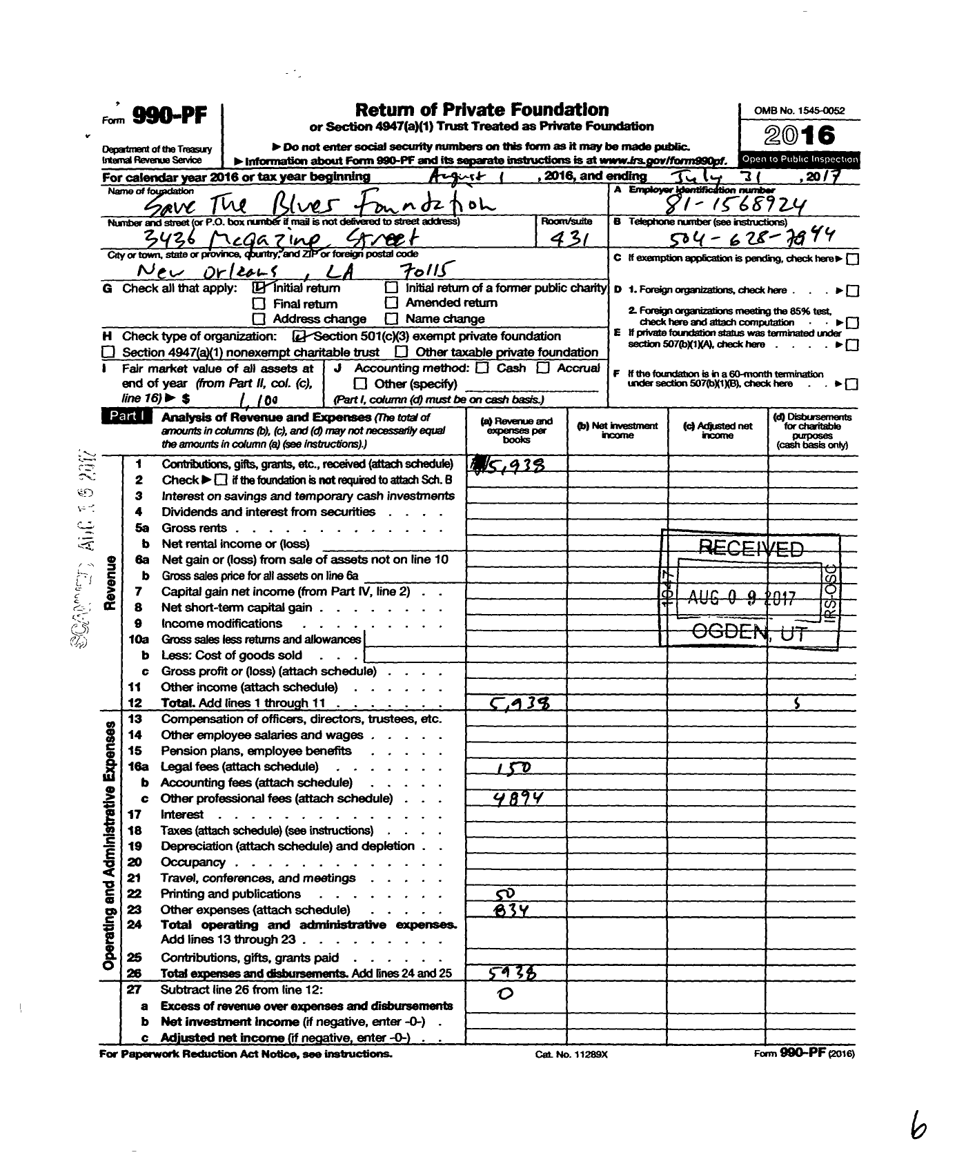 Image of first page of 2016 Form 990PF for Save the Blues Foundation