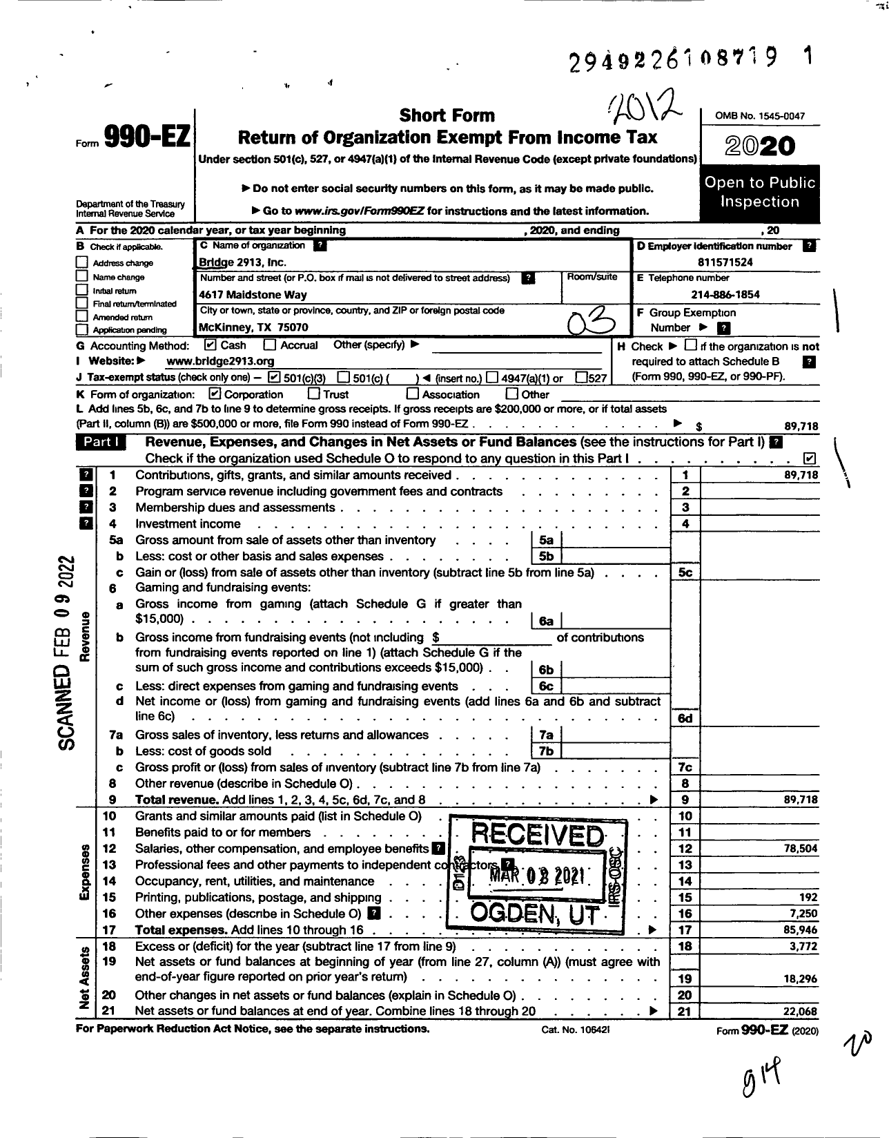 Image of first page of 2020 Form 990EZ for Bridge 2913